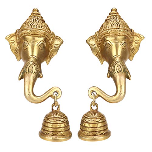 Kartique Brass Ganesha Wall Door Hanging Bell Pair Ganpati Murti Chaturthi Statue Vinayaka for Home Décor Gift Entrance Good Luck 8 Inches