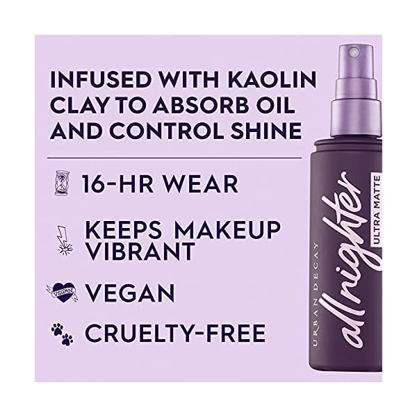 Urban-Decay-All-Nighter-Ultra-Matte-Setting-Spray-Makeup-Finishing-Spray-Lasts-Up-To-16-Hours-Oil-Shine-Controlling-Mist-Great-for-Oily-Skin-40-fl-oz Urban Decay All Nighter Ultra Matte Makeup Setting Spray for Face, Transfer-proof, Long-lasting 16 HR Wear, with Oil-absorbing Kaolin Clay, Matte Finish, Oil-free, Paraben-free, Vegan