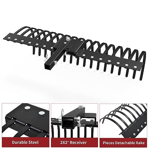 YITAMOTOR 48\" Tow Behind Landscape Rake, 2\" Receiver Lown Dethatcher Rack with 17 Steel Tines for ATV/UTV & 3-Point Hitch Systems Tractor, for Leaves, Debris, Grass, Pine Needles