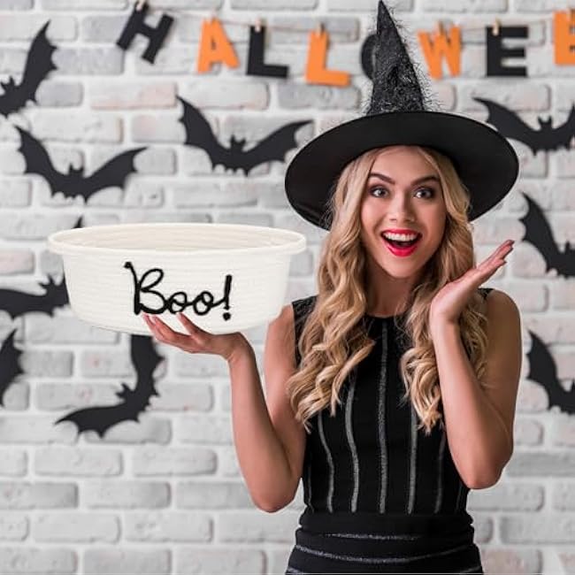 Halloween Boo Woven Basket Cute Storage Spooky Basket with Handle Boo Woven Trick or Treat Gift Organizer for Halloween Party Favors and Decorations Women Men