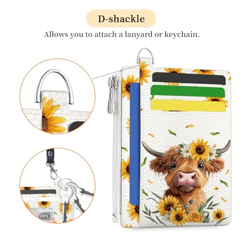 Image of Hancynir Highland Cow Credit Card Holder Small Wallet Women, Cute Slim RFID | Sunflower Zipper Keychain Wallet, Thin Travel Coin Pocket, PU Leather, Minimalist Card Case, 6 Card Slots, Ladies Women Gifts