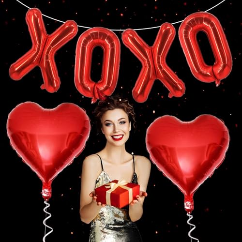 Image of Red XOXO Heart Balloons 6 Pcs Valentines Day Balloons Red Heart Shaped Balloon XOXO Foil Balloon Letters for Girls Women Anniversary Sweet Valentine Day Romantic Decorations Special Night Party