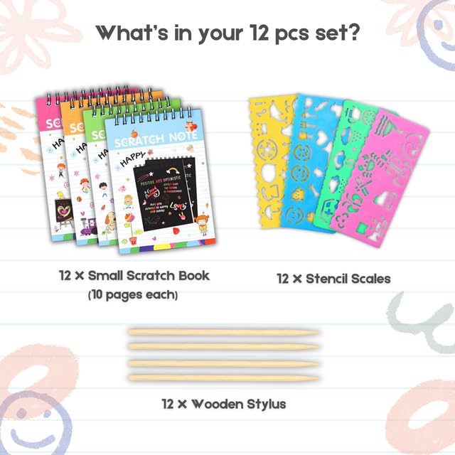Finemoe Scratch Book with Stencil Scale for Kids, Bulk Return Gifts for Birthday, Magic Activity Kit, Thoughtful Return Gifts for Girls & Boys Ages 3 & Above, Art & Craft Kit for Kids (Small 12 Set) 1