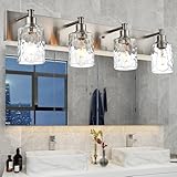 BONLICHT 4-Light Bathroom Vanity Light Fixture Brushed Nickel Industrial Wall Sconce Lighting with Hammered Glass Shade for Living Room Bedroom Hallway Porch Workshop Dressing Table