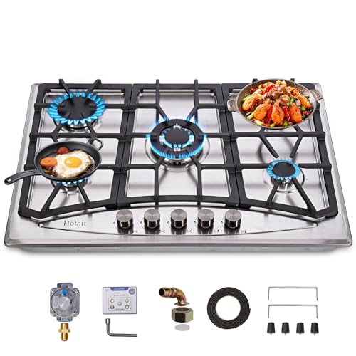 Hothit Propane Gas Cooktop 30" Inch, 5 Burner Built-in Stainless Steel Gas Stove Top, LPG/NG Dual Fuel, Include Gas Pressure Regulator Gas Range(L30"×W20")