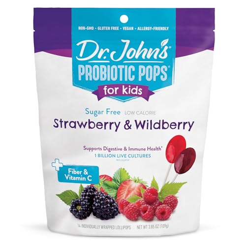 Dr. John's Healthy Sweets Probiotic Pops for Kids Strawberry & Wildberry with Zero Sugar, Dye-Free, Plant Based, Keto Friendly, 14 Count. 3.85oz Bag