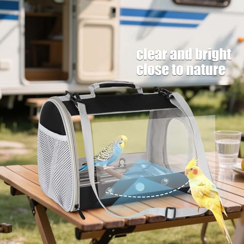 Bird Carrier, Portable Small Bird Cockatiel Conure Parrot Parakeet Carrier with Standing Perch and Stainless Steel Tray, Side Access Window Collapsible (Black, Cylinder Design - Clear) - Image 6