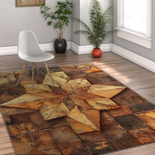 LINGINkevin Vintage Geometric Floor Mat Warm Brown Tones Patchwork Star Pattern Low Pile Rugs 5'3'x7'3' Cozy Farmhouse Rustic Living Room Decor​