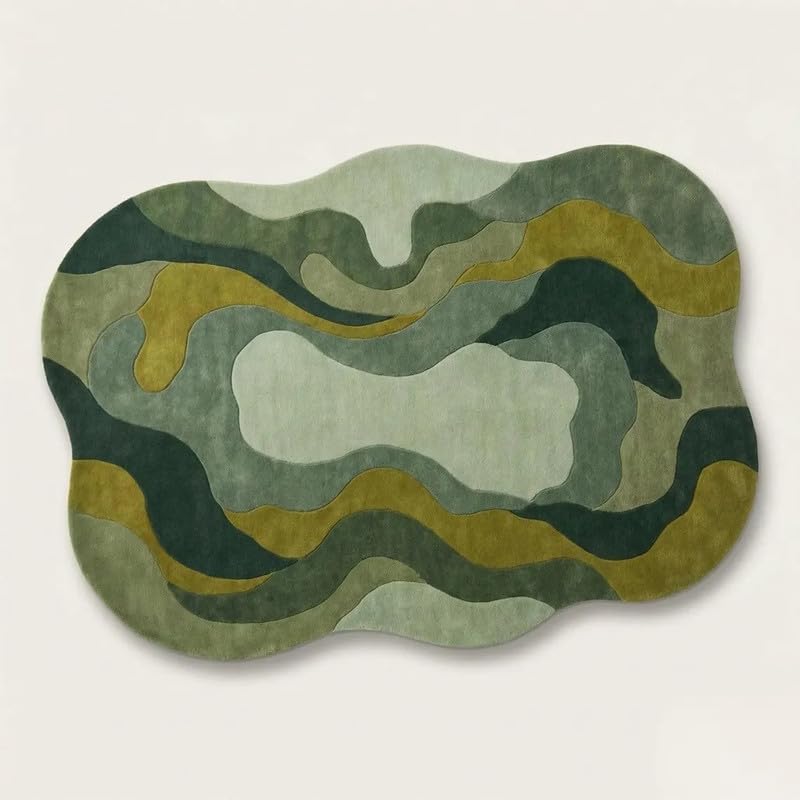 Hand Tufted Wool Irregular Shape Area Rug 8x11 Ft (96x132 Inch) Modern Abstract Green Carpet for Living Room Bedroom Soft Thick Handmade Luxury Designer Unique Shape Rug