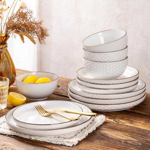 Image of GBHOME Dinnerware Sets for 4, Farmhouse Style Stoneware Plates and Bowls Sets, 12 Pieces Embossed Scratch Resistant Dishes, Dishwasher & Microwave Safe, Off-White