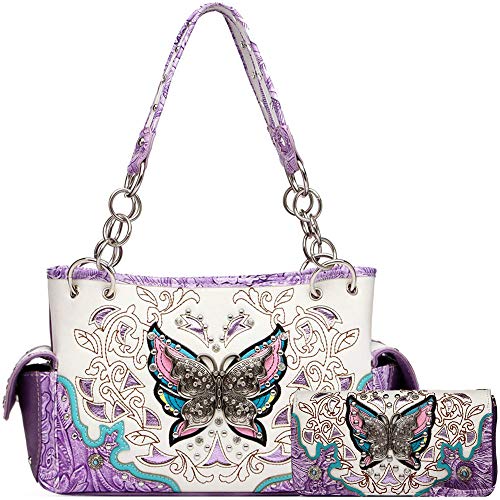 Western Style Spring Butterfly Flower Purse Women Country Handbag Rhinestone Stud Shoulder Bag Wallet Set