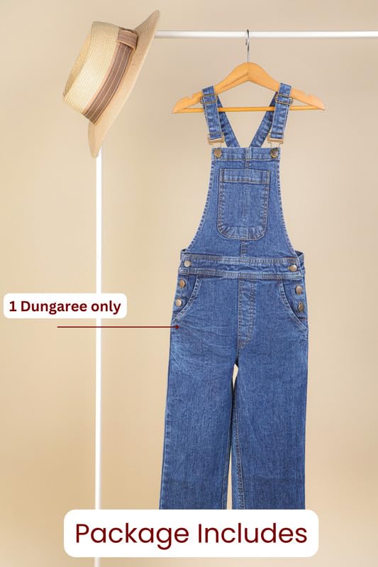 Image of Tweeny Mini Girls Pure Cotton Denim Dungaree for Kids | Relaxed Fit Full Length Overall Outfit with Pockets | Adjustable Straps