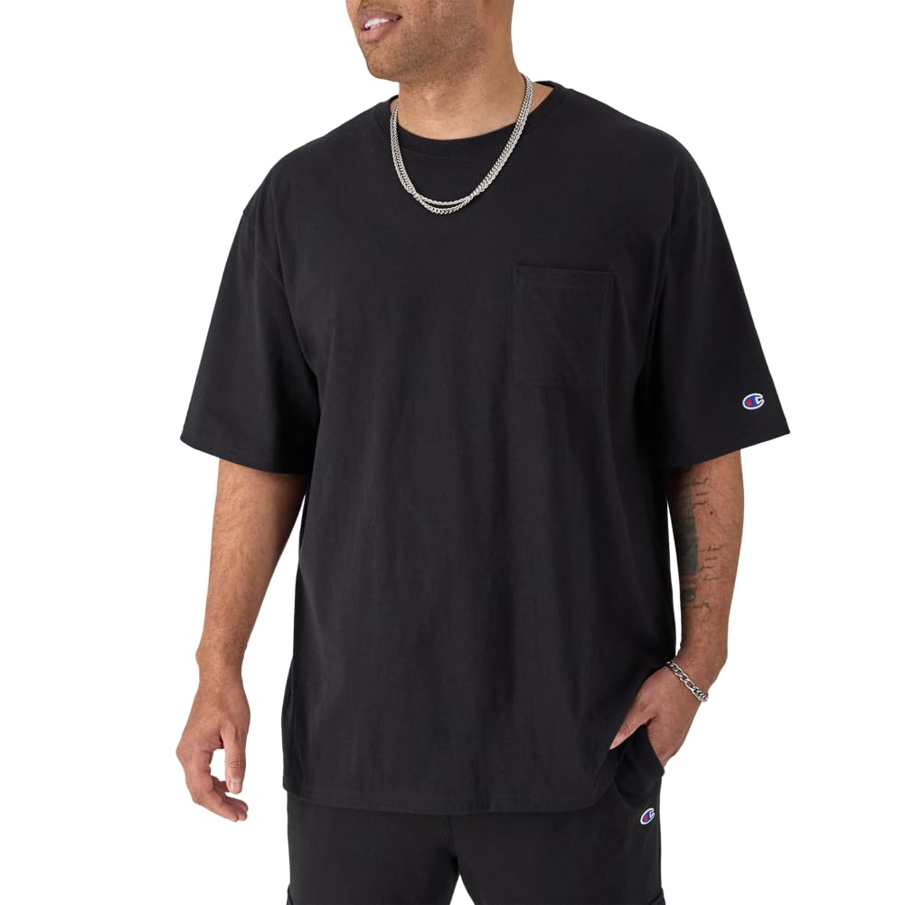 Champion Koszulka męska, klasyczna bawełniana koszulka z kieszonką, miękka (duża i wysoka), Czarny, 3XL