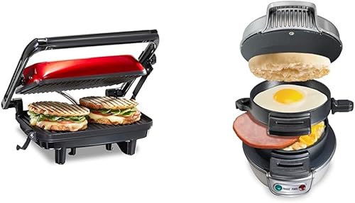Hamilton Beach Panini Press Sandwichera y parrilla eléctrica para interiores y sándwiches de desayuno con anillo para cocinar huevos, personalizar