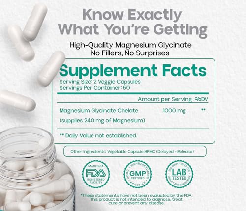 Magnesium Glycinate 1000mg Capsules – Chelated High Absorption Magnesium to Support Relaxation, Stress Relief & Muscle Comfort – Vegan, Non-GMO – 120 Capsules* — view 2