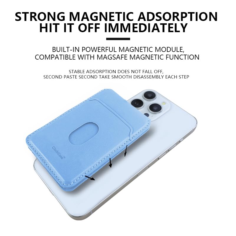 Image of ClickCaseBifold MagSafe Wallet, Minimalist Wallet with Stand, Magnetic Closure Wallet for iPhone 16 /15 /14 /13 /12 Series, Card Holder, Vegan Leather (Metalic Sky Blue)