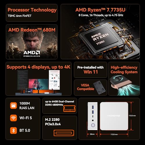Image of MOREFINE M700 Mini PC, Ryzen 7 7735U (8C /16T, up to 4.75Ghz), Mini Desktop Computer 16GB DDR5 512GB NVMe SSD, Small PC Desktop Support 4k Dual Display WiFi6 /BT5.2 /USB3.2
