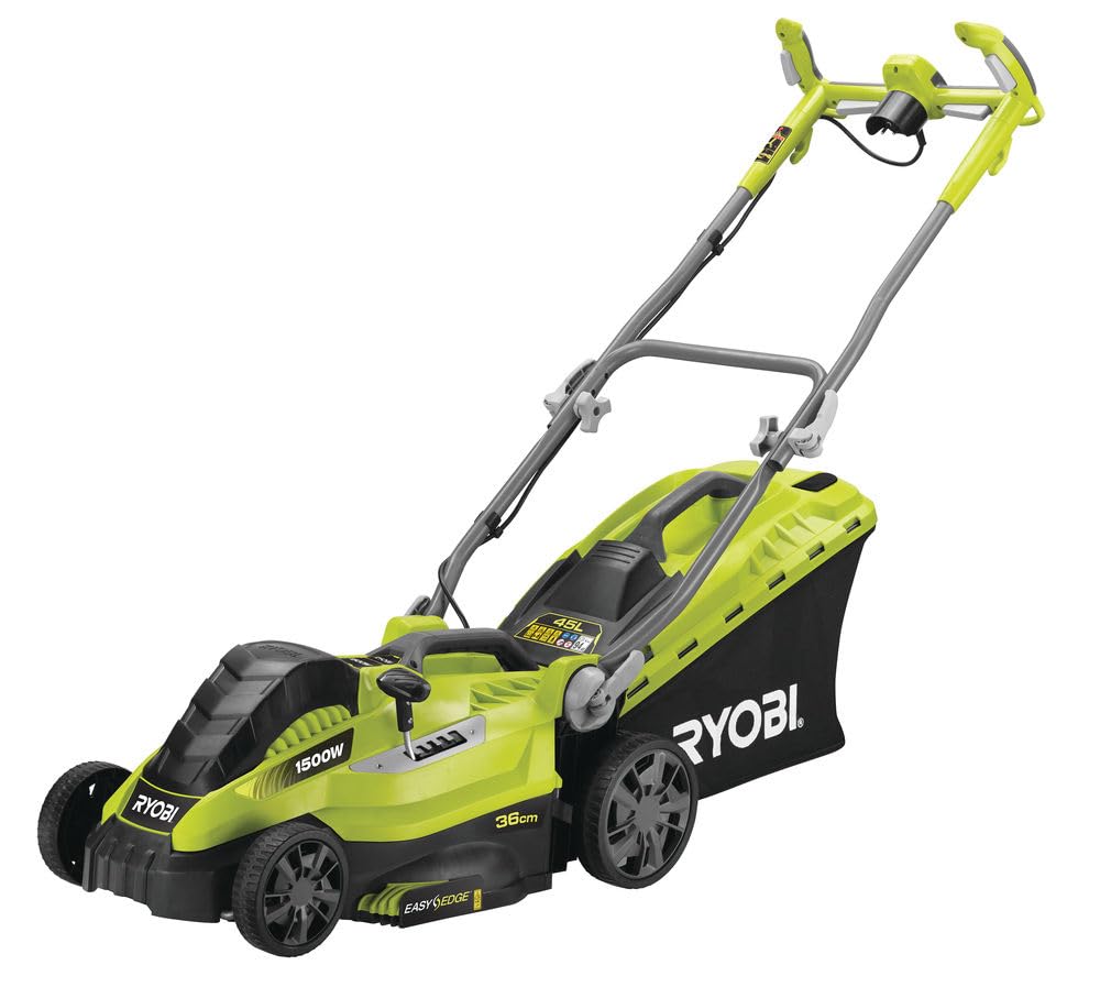 RYOBI - Tondeuse Électrique 1500W RLM15E36H – Largeur Ø36cm, Bac Semi-​Rigide 45L, Réglage Centralisé, Brancard Ajustable, Guidon Ergonomique – Idéale Pelouse Jusqu'à 500m²
