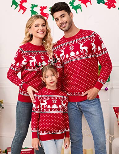 Image of MISSKY Family Christmas Sweater Crew Neck Reindeer Snowflakes Knitted Pullover for Women /Men /Kids