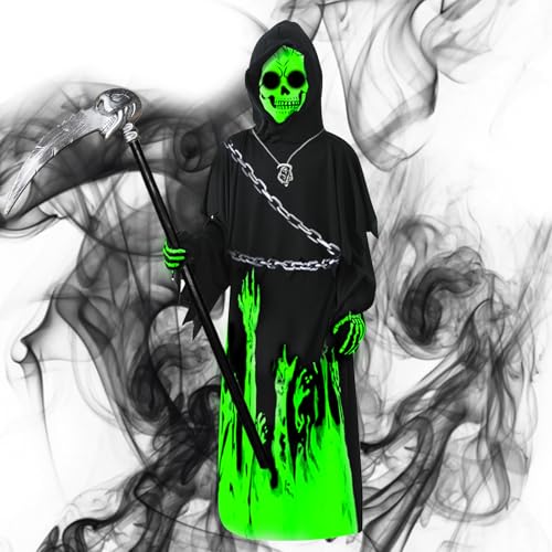 CTYUEYUN Disfraz de Fantasma Halloween, 6PCS Disfraz de Halloween para niños con ropa fluorescente de fantasma, guadaña, guantes, collar, Guantes adecuados para adolescentes de 10 a 15 años.