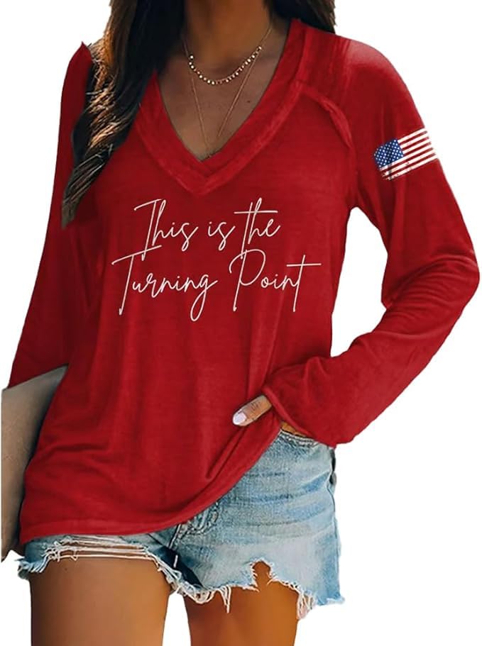 V-Neck Retro This is The Turning Point Print T-Shirt American Flag Tee
