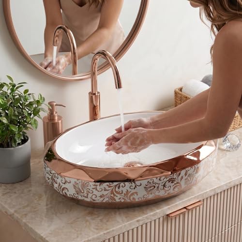 Image of BASSINO 24x16x5 Inches Table Top Washbasin /1 Year Warranty /Ceramic Wash Basin for Bathroom /Oval Counter Top Wash Basin for Dining Hall /Living Room /Designer Vessel Sink(Glossy White & Rosegold)