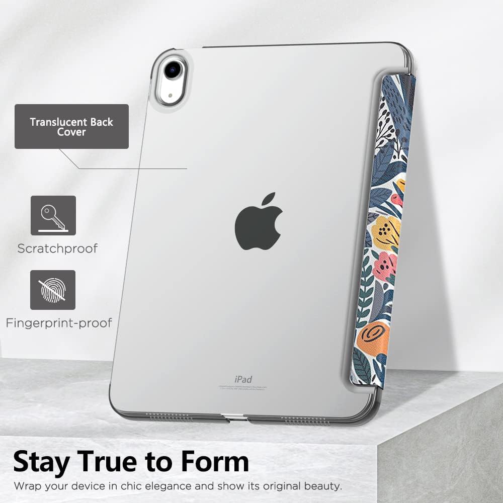 MoKo for iPad (A16) 11th Generation Case 11 Inch 2025, iPad 10th Generation Case 10.9 Inch 2022, Slim Stand Hard PC Translucent Back Shell Smart Cover,Support Touch ID,Auto Wake/Sleep,Blue Leaf flower