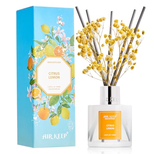 Image of Airkeep Reed Diffuser Set,3.38 fl oz (100 ml) - Citrus Lemon Oil Diffusers with 8 Reed Sticks, Home Fragrance Reed Diffuser for Bathroom Shelf Decor
