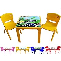 A406 Kids Children Plastic Home Garden Folding Foldable Table & 2 Stackable Chairs Set (Yellow)