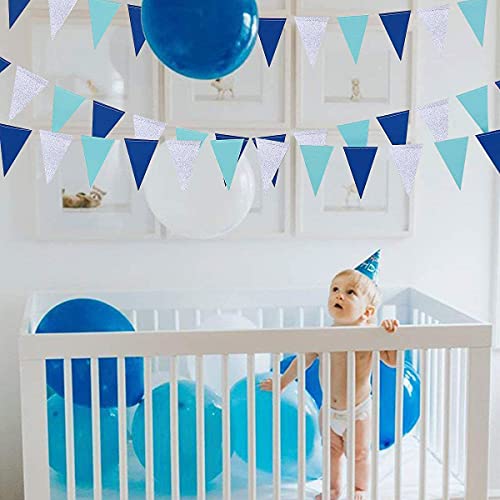 Image of 30 Ft Navy Silver Blue Party Decorations Pennant Banner Triangle Flag Royal Blue Silver Hanging Paper Bunting Garland for Birthday Baby Shower Wedding Ahoy Achor Nautical Pirate Theme Party Supplies