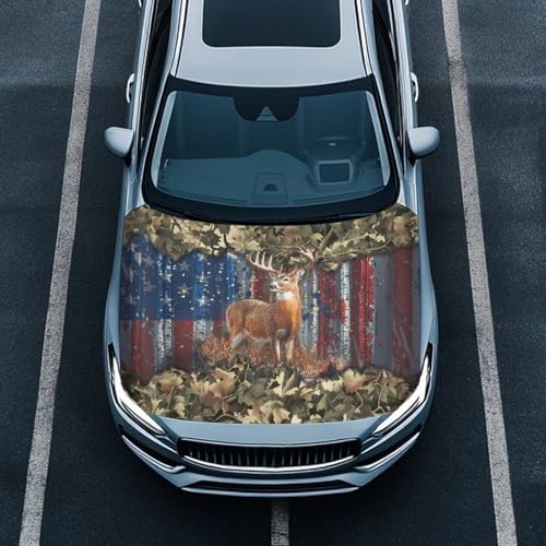 Image of 59x39 Inch Hood Cover for Compact Cars SUV Sedans Trucks, Waterproof Stretchable Car Hood Wraps Deer American Flag Print Auto Banner Auto Dcorative Accessories