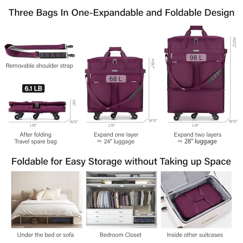 Hanke Expandable Collapsible Luggage with Wheels Suitcase Luggage Rolling Travel Bag Duffel Bag for Men Women Lightweight Suitcase Large Capacity Luggage with Spinner Wheel (Purple)2
