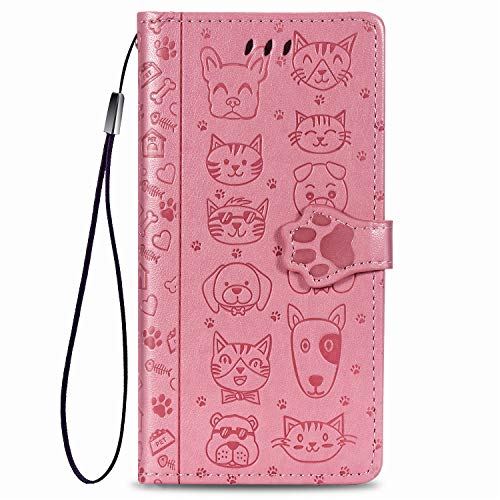 Fertuo Cover Xiaomi Redmi Note 8T, Custodia Portafoglio a Libro in Pelle Flip Cover con Porta Carte, Chiusura Magnetica [Disegni di Gatto Cane] Case Antiurto per Redmi Note 8T, Rosa