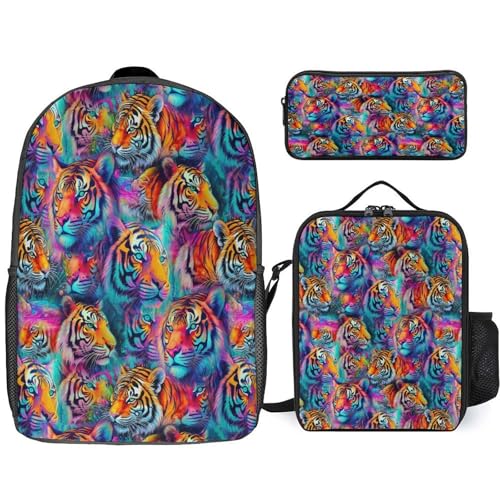 Colorful Tiger Backpack Set 3 Pieces Backpacks Lunch Bag Wallet For Travel Outdoor Sports