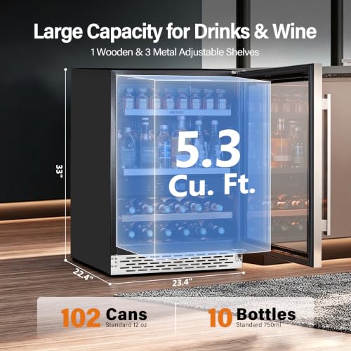 Image of 24 inch Beverage Cooler Refrigerator, 175 Cans Freestanding /Built in Dual Zone Beverage Fridge Glass Door for Home Kitchen