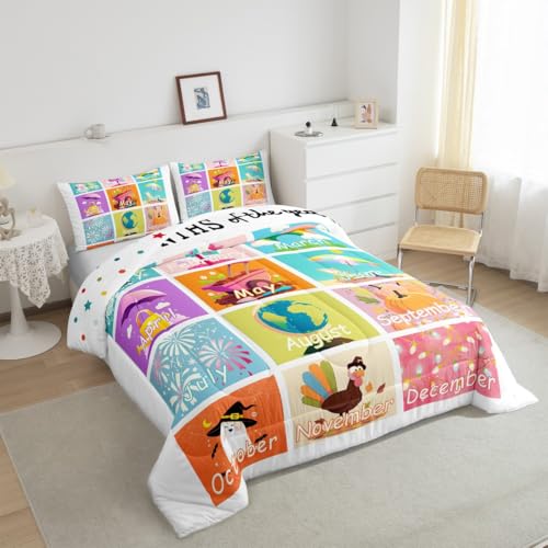 Image of Feelyou Kids Educational Duvet Insert Queen Size, Months Comforter Set Boys Girls Learning Bedding Set Kindergarten Teens Bedroom Decor Microfiber Bed Set