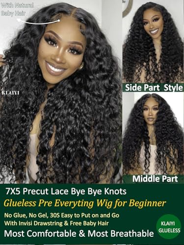 Image of KLAIYI Bye Bye Slip Water Wave 7X5 Precut Lace Front Human Hair Wig Drawstring Glueless 3S Ready to Wear and Go Wig with Baby Hair Pre Plucked Bleached Bye Bye Knots Curly Wig 180%Density Full 28Inch