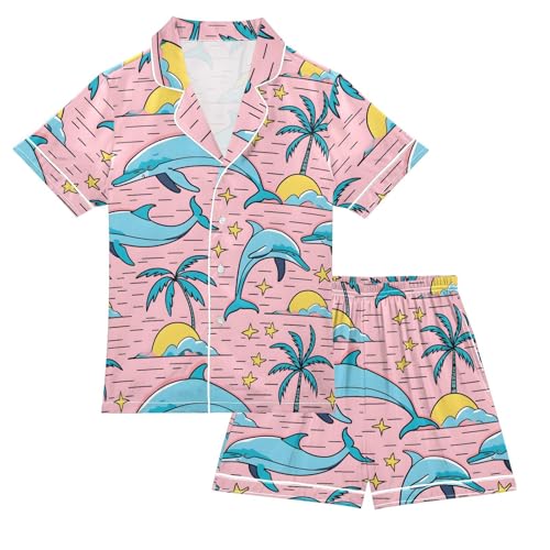 ALAZA Blue Dolphin Star Palm Tree Satin Pajamas Set Short Sleeve Button Down Sleepwear Summer Pjs 2 Piece