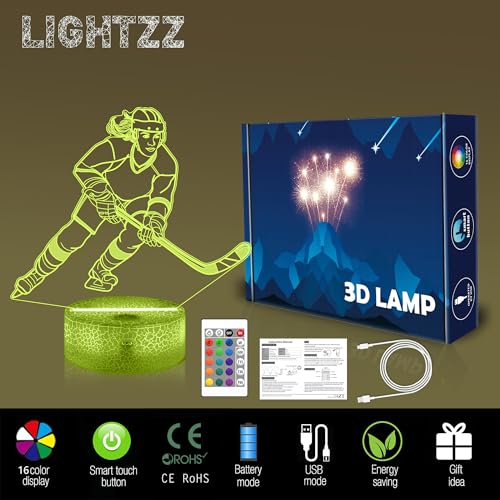 Lámpara de noche 3D Hockey para niñas con LED multicolor miniatura 6