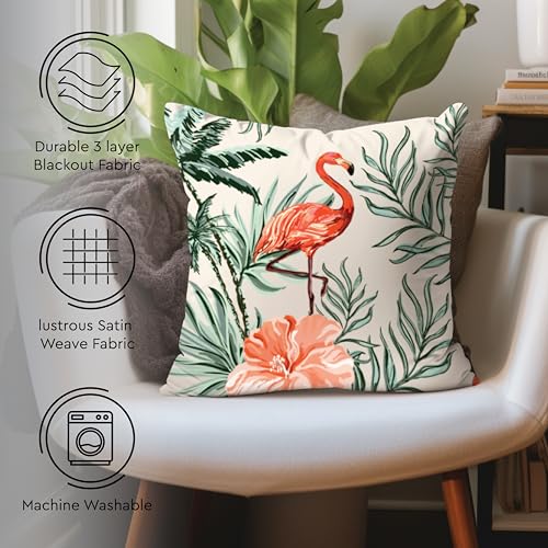 Image of Encasa XO Polyester Spring Printed Cushion Covers, No Inserts, Pack of 2 | Flamingo, 20 inchx20 inch | 300 TC Twill Fabric | Digital Botanical Print | Double Sided Pattern | Concealed Zipper