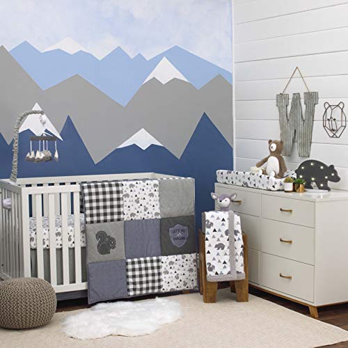 Image of NoJo Mountain Patchwork 100% Cotton Fitted Crib Sheet, Grey /Denim /Slate Blue /White (Pack of 2)