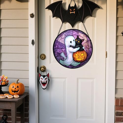 Image of Stained Glass Window Hanging - Halloween Decorations Ghost Black Cat Pumpkin Suncatcher for Door Garden Spooky Purple Sun Catchers Gothic Decor Horror Gifts for Women Men Friend Boy 6.3 in