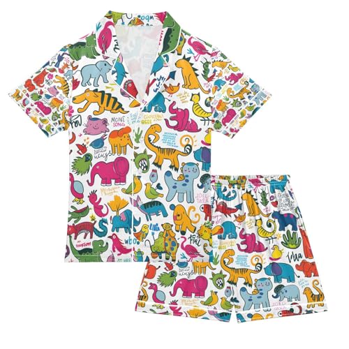 senya Colorful Doodle Animals A Satin Summer Pajama Sets Silk Short Sleeve Button Down Sleepwear
