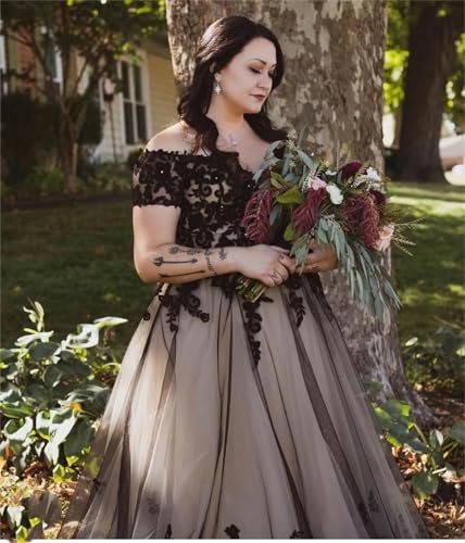 Ftupza Gothic Black Wedding Dresses for Bride V-Neck Lace Applique Off Shoulder Wedding Gown Tulle A-line Elegant Prom Gowns2