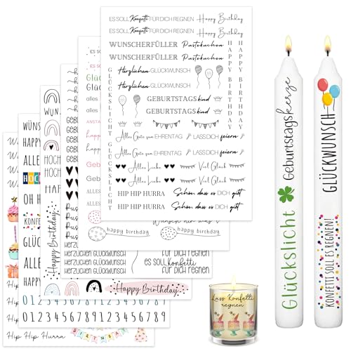 Geburtstag kerzenfolie 6 Stück A5 Kerzentattoo Wassertransferdruck wasserschiebefolie kerzen Kerzenaufkleber Sticker für Kerze Tasse DIY Geschenk Happy Birthday Kerzen Dekorieren Kerzensprüche