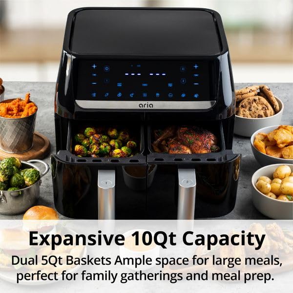 Aria-10Qt-Dual-Air-Fryer-with-2-Baskets-Smart-Sync-Dual-Air-Fryers-Easy-Clean-Dishwasher-Safe-Double-Basket-Large-Sized-for-Family-Meals-XL-Touchscreen-Display-8-Meal-Presets-Black Aria 10Qt Dual Air Fryer with 2 Baskets Smart Sync Dual Air Fryers Easy Clean Dishwasher Safe Double Basket Large Sized for Family Meals XL Touchscreen Display 8 Meal Presets Black