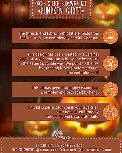 Image of Povitrulya Counted Cross Stitch Bookmark Kit 'Pumpkin Ghost' - DIY Embroidery Set for Adults