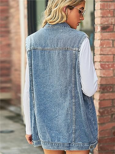 Image of PAODIKUAI Women's Oversized Denim Vest - Sleeveless Distressed Jean Vest with Pockets for Casual Layering