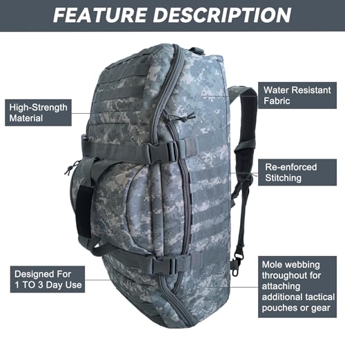 Image of Hannibal Tactical 65L Large Duffle Bag, 3-in-1 Tactical Backpack MOLLE Pack for Sports, Gym, Outdoor, ACU