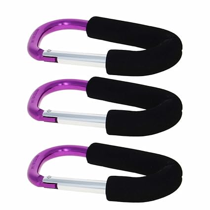 MroMax 3Pcs Hook Clip 140x80mm Large D Type Shopping Bag Carry Handle Carabiner with Sponge for Baby Pushchair Pram Stroller Hanger Trolley Mummy Clip Holder Purple